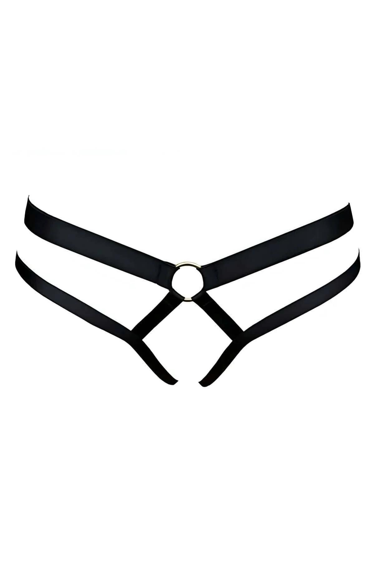 black elastic strappy briefs gold O-ring center front double waistband Y-shape thong cut lingerie