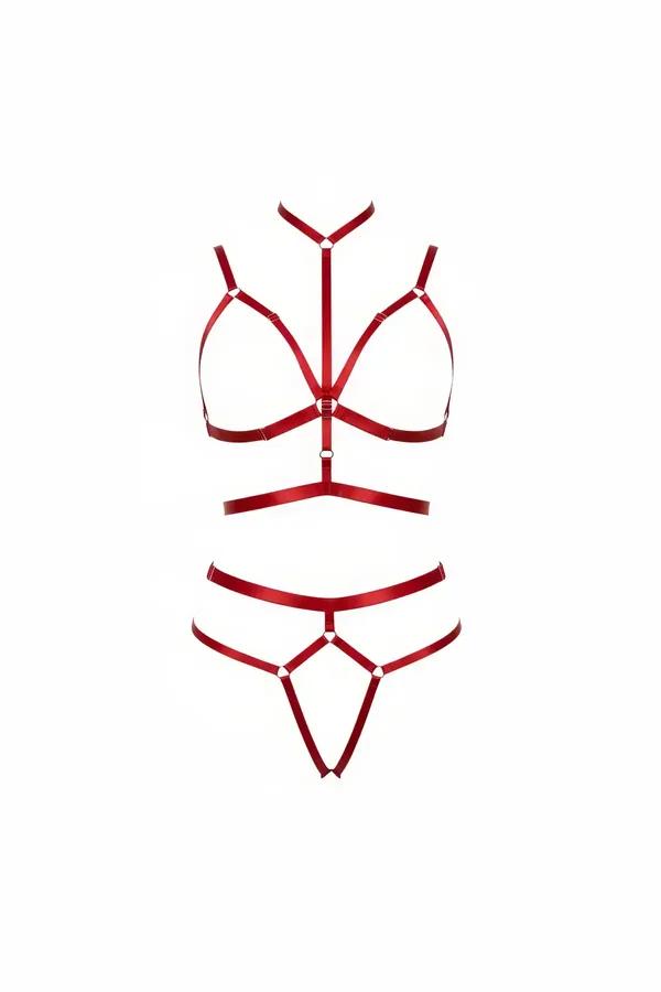 Red strappy body harness set with high collar, silver O-rings, chest cage top and matching hip thong bottom