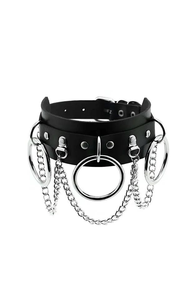 black faux leather choker with 3 silver O-rings and draping silver chain links Gothic fashion neck band