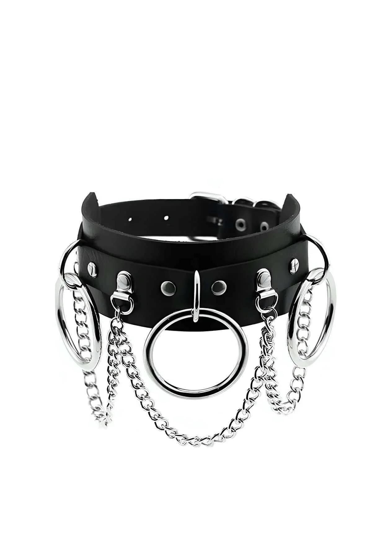 black faux leather choker with 3 silver O-rings and draping silver chain links Gothic fashion neck band