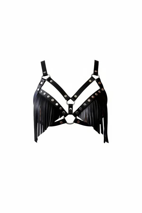 Black faux leather bra harness with silver dome studs and fringe panels, dual o-ring center detail, front view