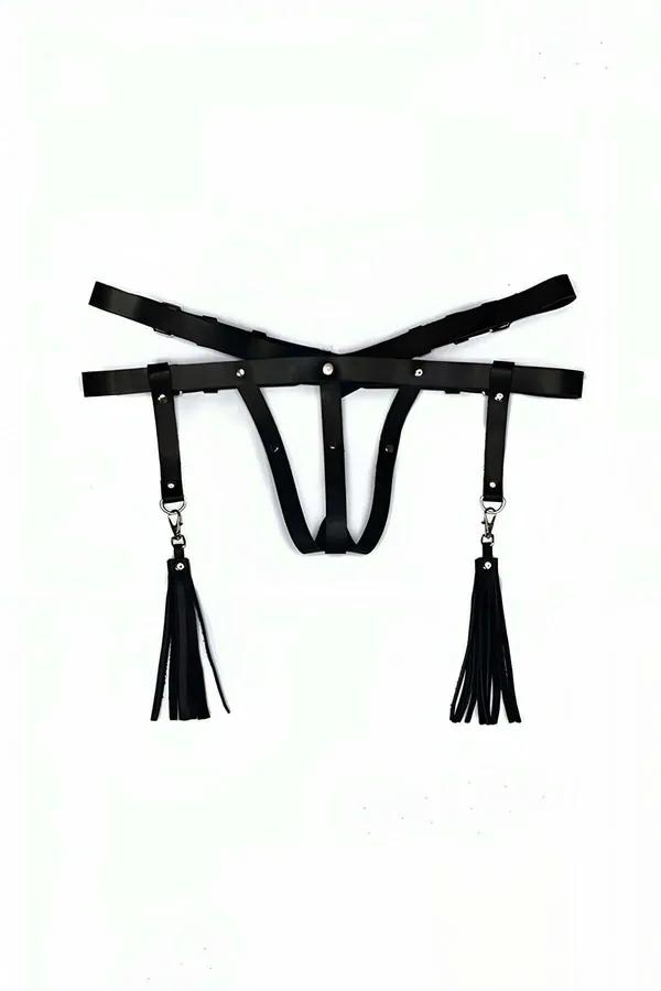 black faux leather lower body harness cross-strap V-shape with two detachable faux leather fringe tassels on silver D-ring cl