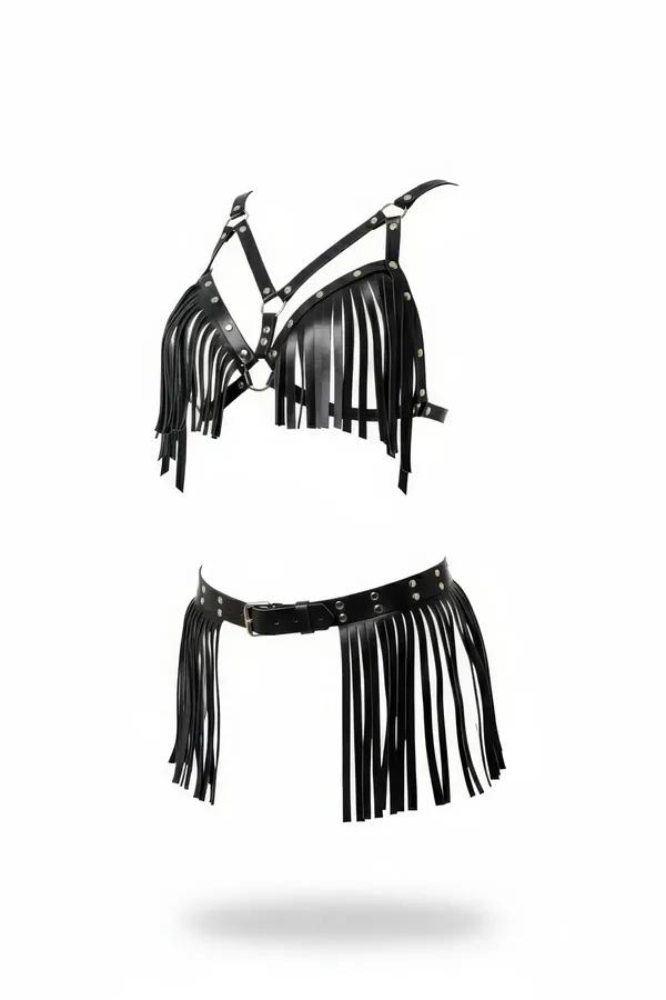 black faux leather fringe harness bra top with silver O-ring and stud rivets paired with matching fringe belt skirt set