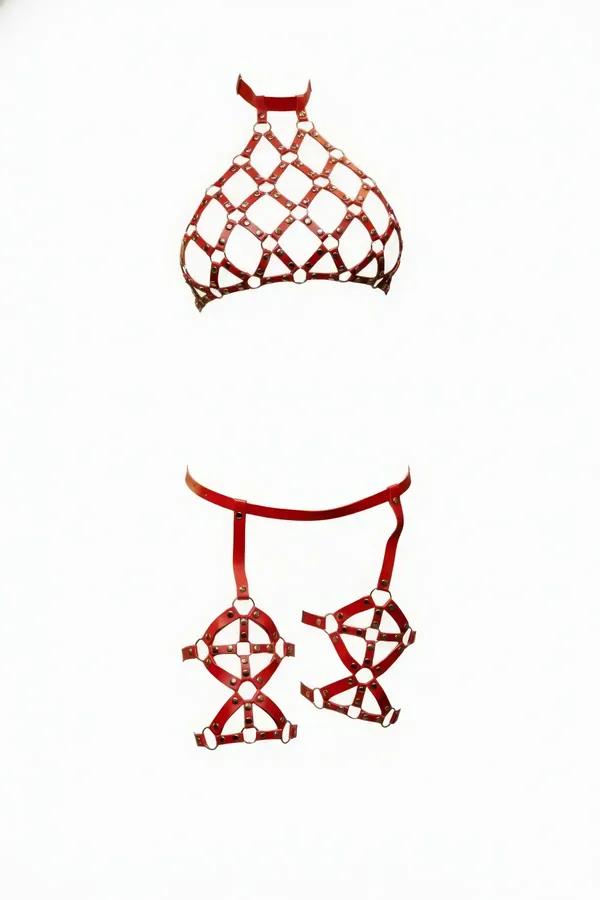 red vegan leather caged harness bra and thigh garters set with diamond-grid straps and silver O-ring hardware