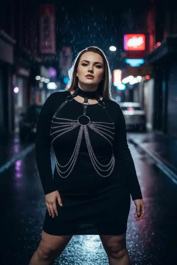 Siyah vegan deri büyük beden göğüs harness, gümüş O-ring ve sarkıt zincir detayı