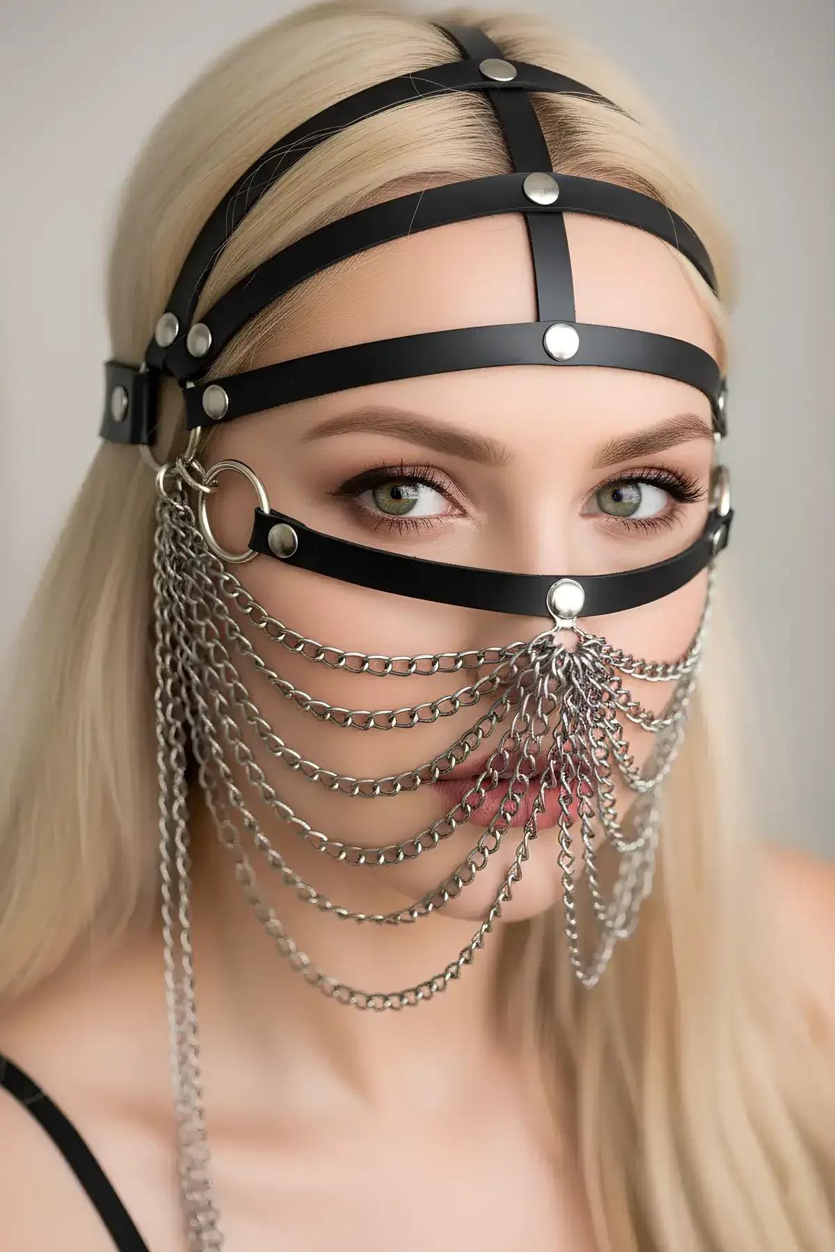 black vegan leather face head harness three horizontal straps silver studs O-ring cascading silver chains lower face