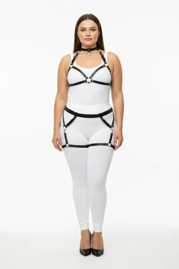 black faux leather caged body harness set with choker O-ring and garter thigh straps silver hardware