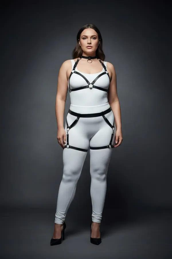 black faux leather caged body harness set with choker O-ring and garter thigh straps silver hardware