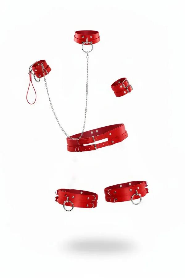 red faux leather 6-piece harness set with collar chain waist belt wrist ankle cuffs silver O-rings