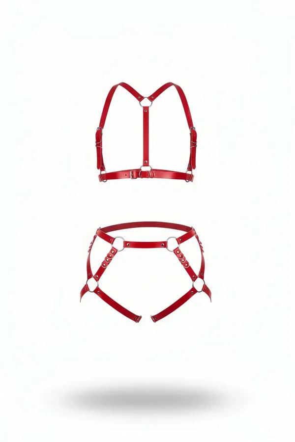 red faux leather body harness set with silver O-rings chest and hip two-piece strappy harness
