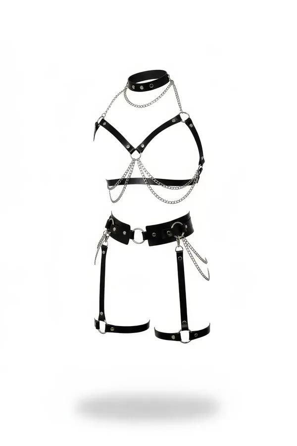 Black faux leather full body harness set with silver chains and O-rings — choker, bust cage, and garter belt thigh straps on