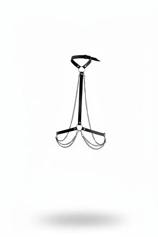 Black faux leather chest harness with silver draped chains, choker collar, and O-ring connectors on white background