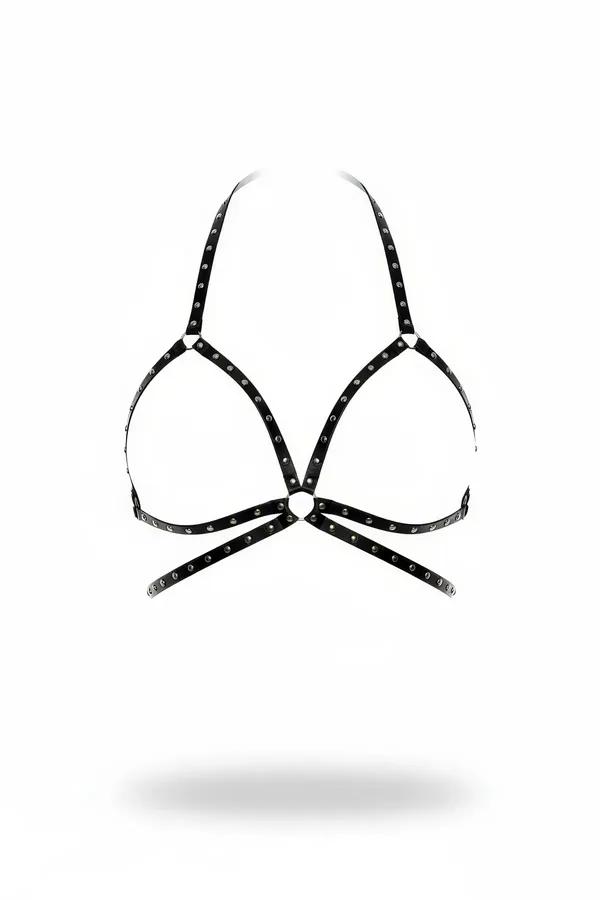black studded faux leather halter bra harness with silver dome rivets and center O-ring, flat front view