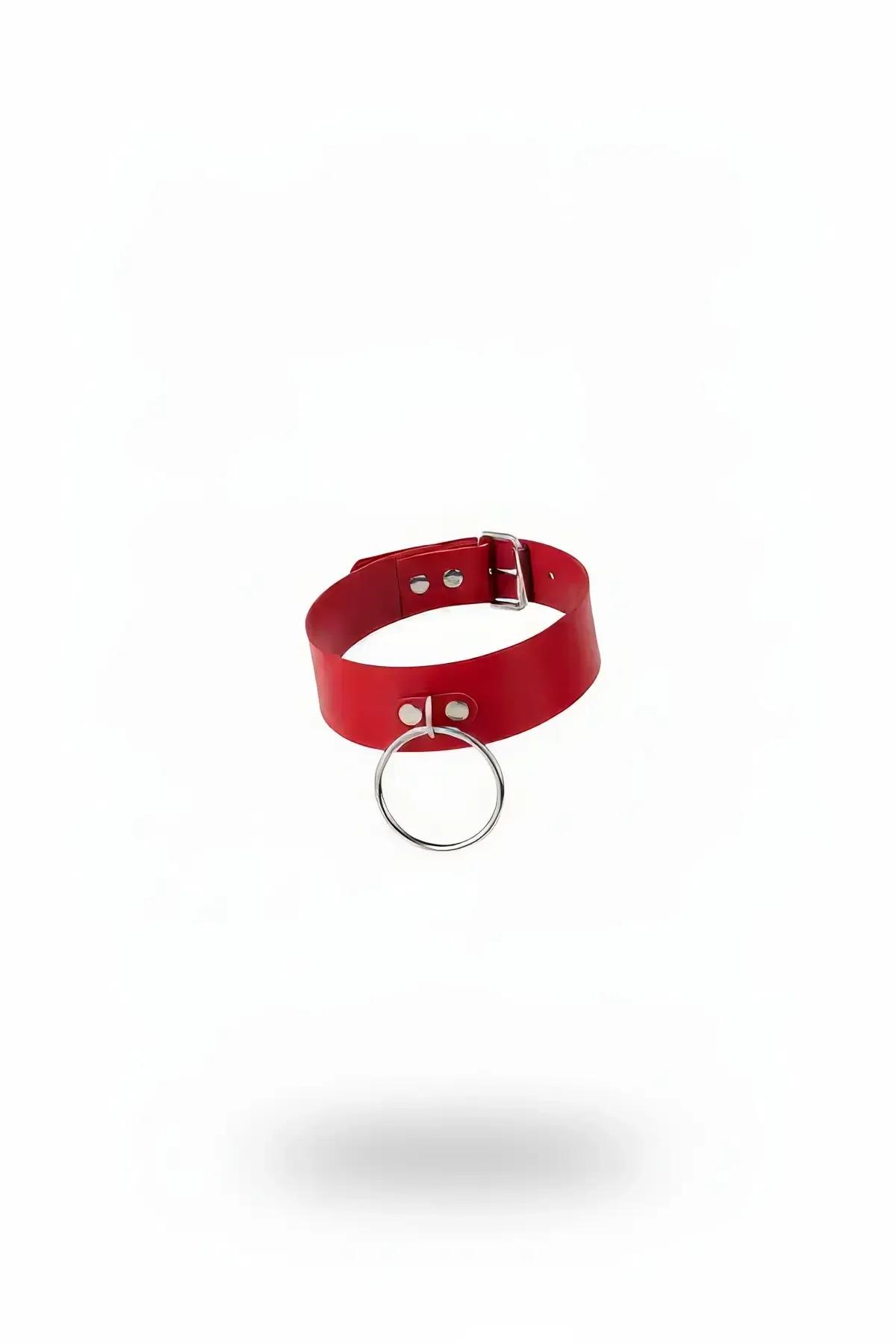 Red faux leather choker with silver O-ring pendant and adjustable buckle, smooth matte strap approximately 2.5 cm wide
