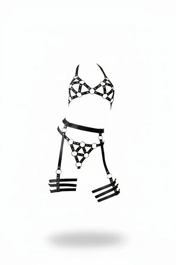 Black vegan leather caged body harness set with geometric O-ring bra, hip belt, and triple-band thigh cuffs on white backgrou