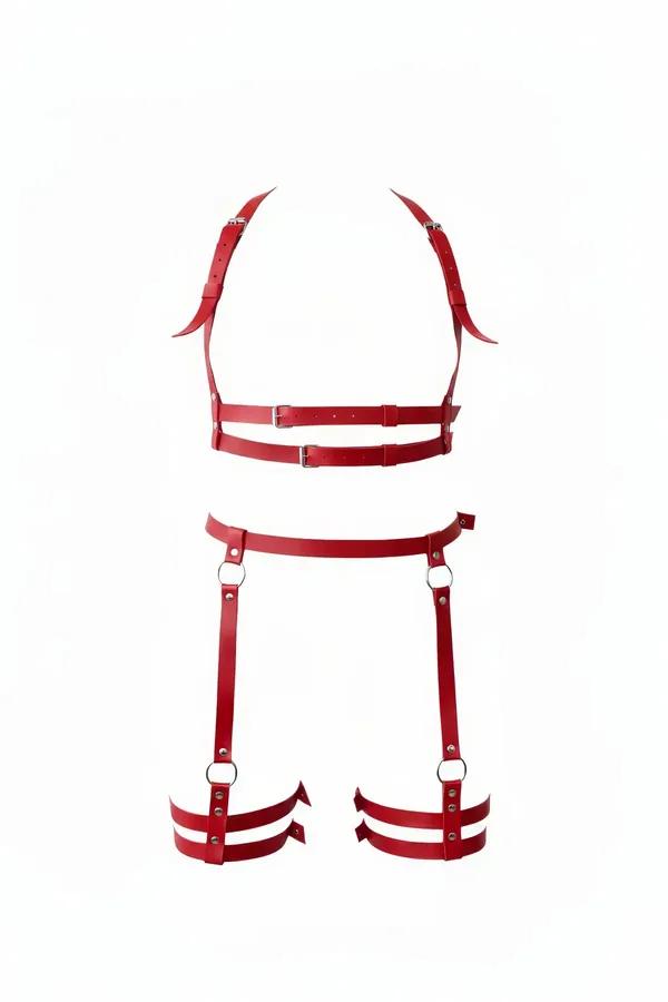 red faux leather full body garter harness set with silver O-rings and double thigh bands flat lay