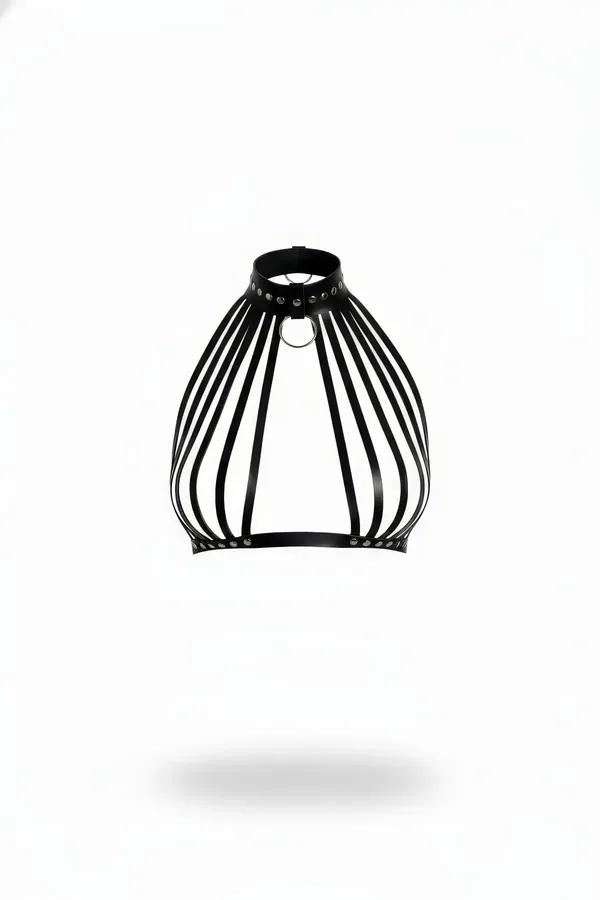 Black faux leather body cage harness with studded high collar, silver O-ring, and vertical ribbed straps on white background