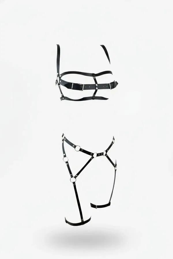 black faux leather caged harness bra top and thigh garter set with silver-tone o-ring hardware