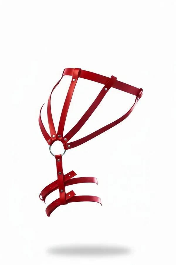 Red faux leather caged hip garter with five straps converging at a silver O-ring and two lower thigh garter bands