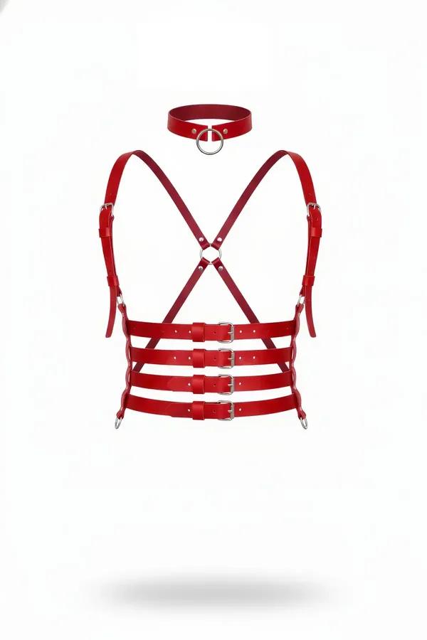 Red faux leather caged body harness with X-cross chest O-ring and three waist bands plus matching red O-ring choker silver ha