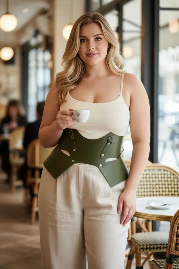 olive green wide faux leather waist harness belt with geometric cut-out panels and silver D-ring hardware