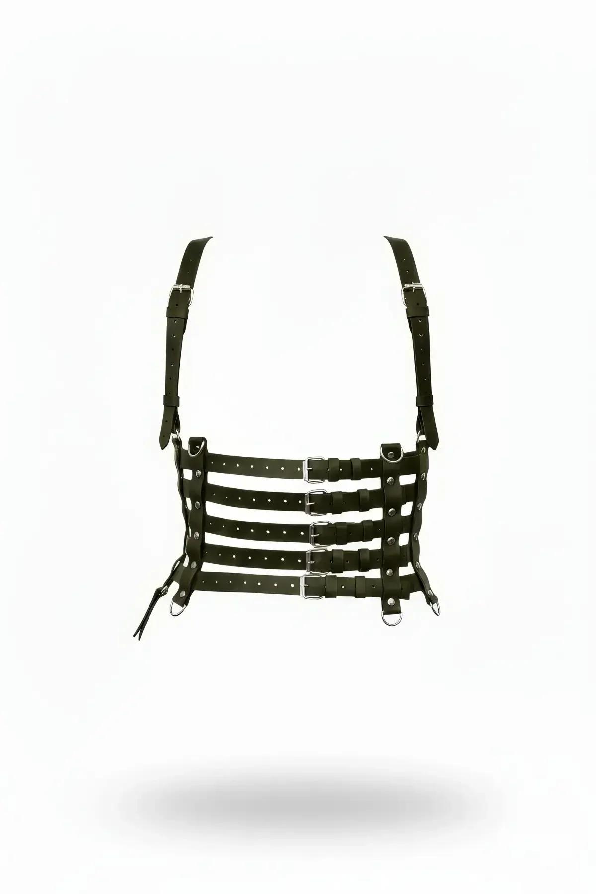 Black vegan leather multi-strap corset harness with silver rectangular buckles and D-rings, shoulder straps