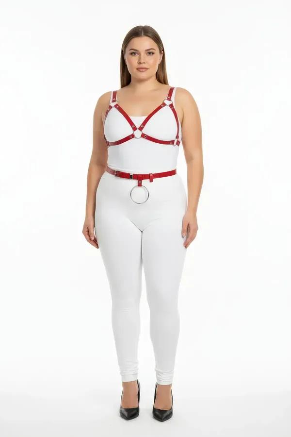 red vegan leather chest harness and waist belt set with silver O-ring on plus-size model over white bodysuit