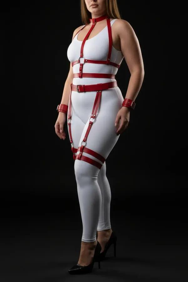 red faux leather full body harness set with garter straps and wrist cuffs silver O-ring hardware