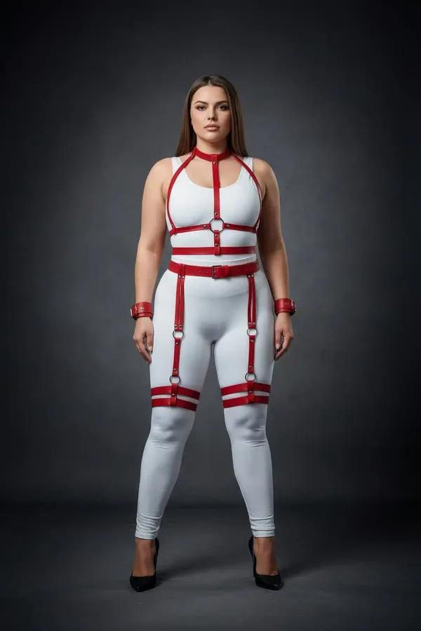 red faux leather full body harness set with garter straps and wrist cuffs silver O-ring hardware