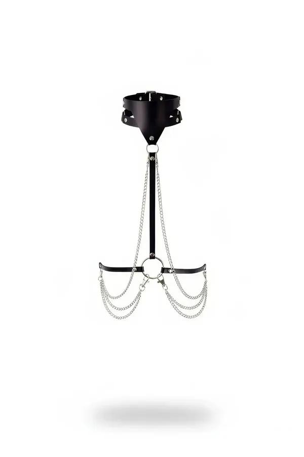 Black vegan leather neck strap with chain detail body belt, silver O-ring and hanging chain