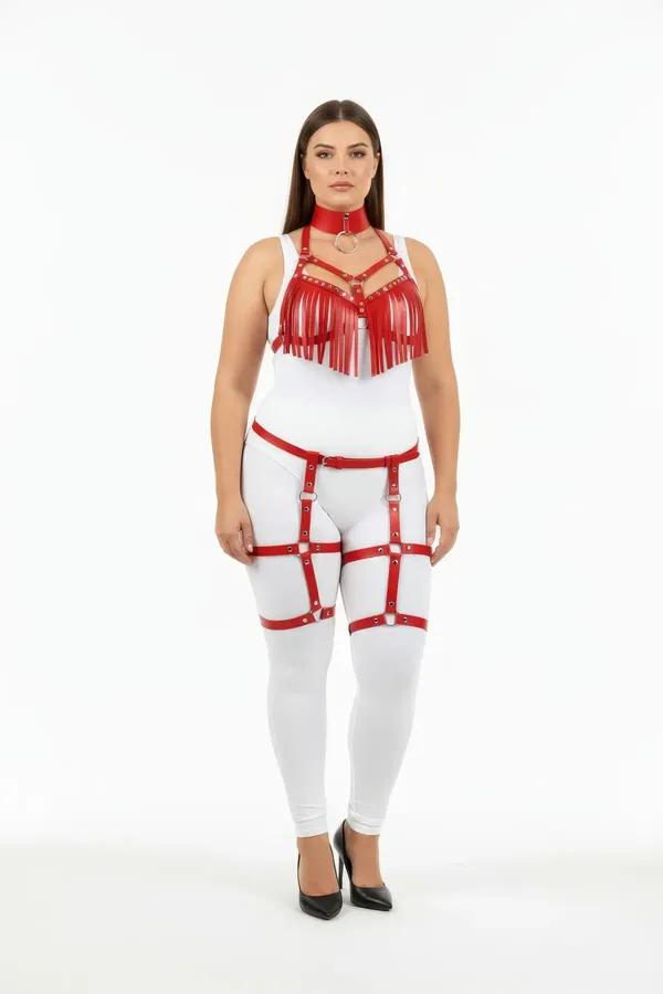 red faux leather fringe harness bra with choker collar and silver O-ring, paired with red thigh garter harness set