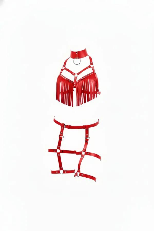 Red fringed vegan leather body harness set with silver O-ring chest harness and matching thigh garter