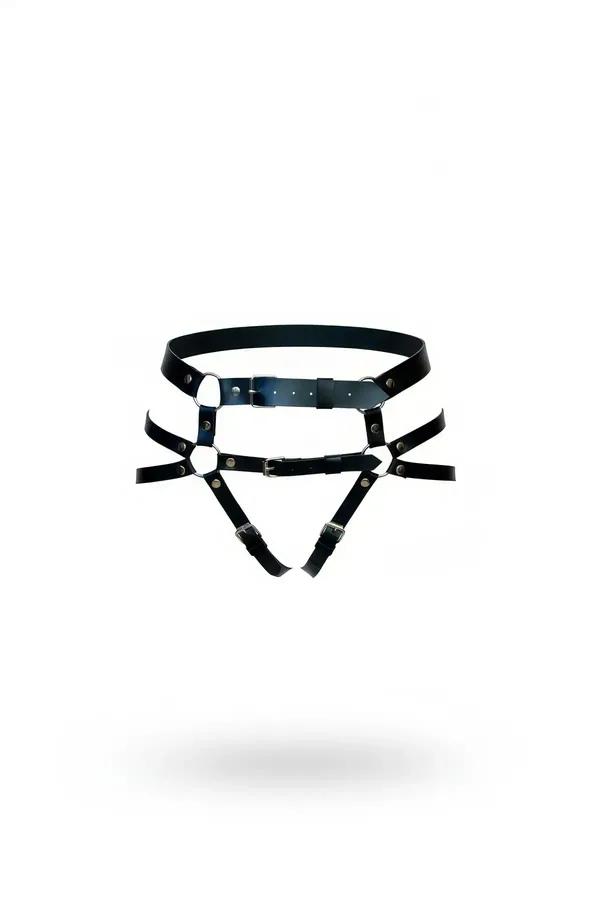 black faux leather high-waist garter harness with dual O-rings and four adjustable silver buckle straps