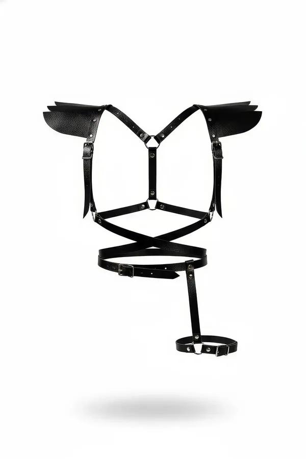 Siyah vegan deri omuz padli vücut harness kemer gümüş tokalı bacak halkasıyla tam set
