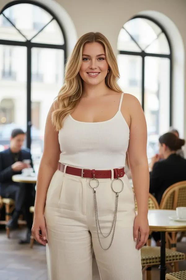 Claret red faux leather chain belt with double silver O-rings worn over cream trousers, silver buckle closure