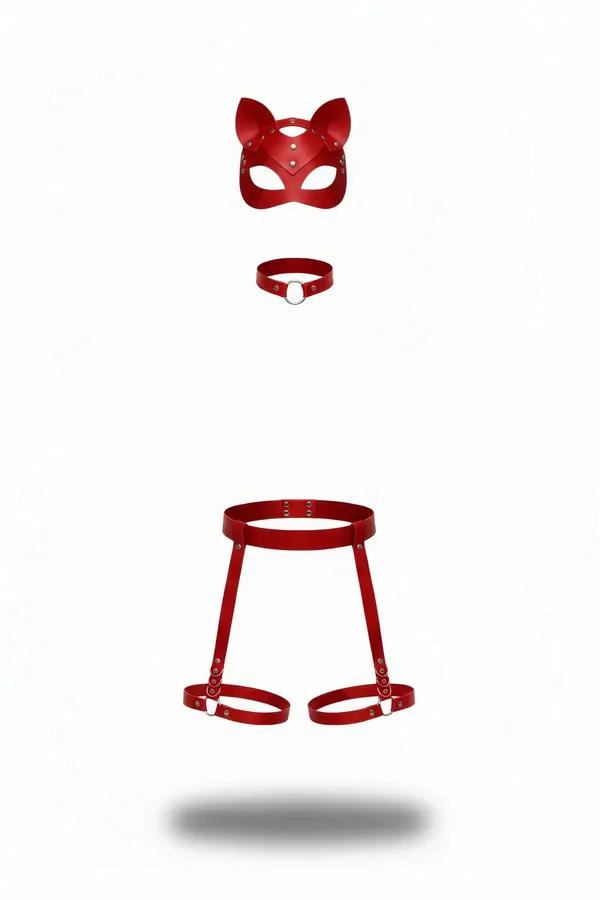 red faux leather harness set with cat-ear mask, O-ring choker, and thigh garter harness, silver hardware