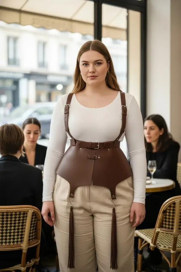 Brown faux leather corset harness with adjustable shoulder straps, silver buckle hardware, and long hanging tassels worn over