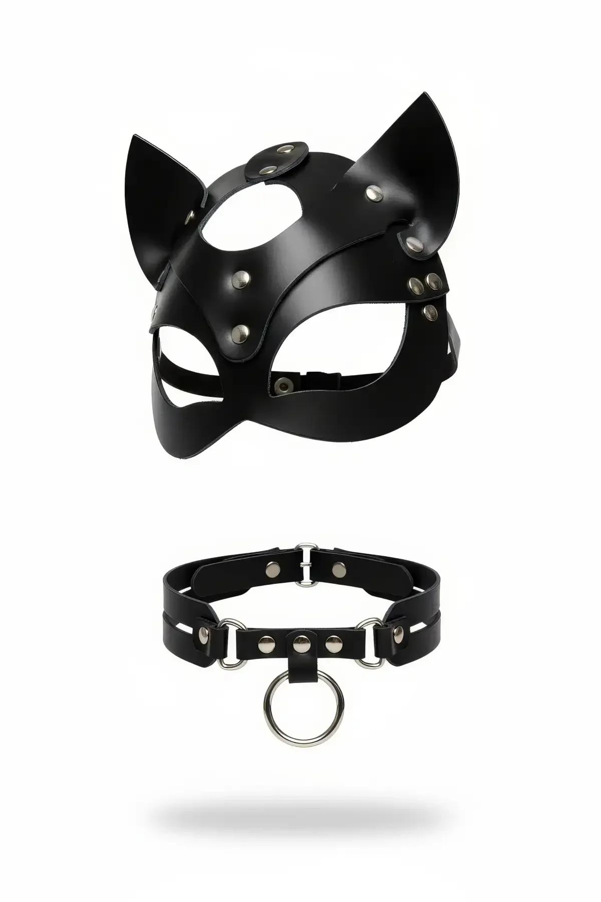 black faux leather cat ear mask with silver rivets and open eye cutouts alongside matching O-ring choker set