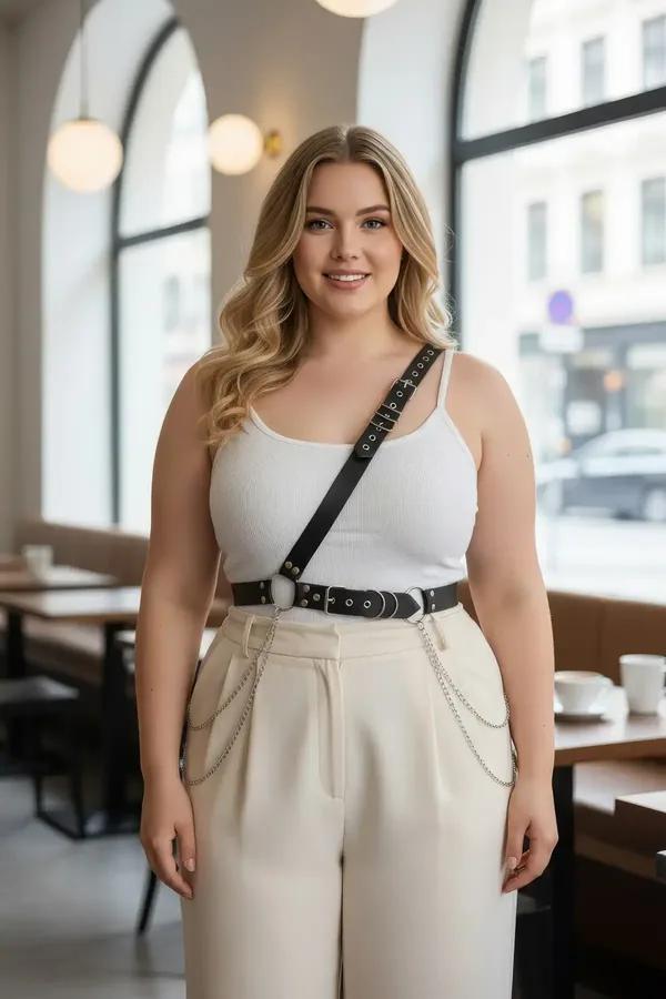 Black faux leather single shoulder diagonal harness belt with silver O-ring and hanging chains worn over white tank top