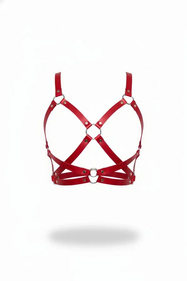 Red faux leather X-strap harness bra with dual silver O-rings and rivet hardware, front view