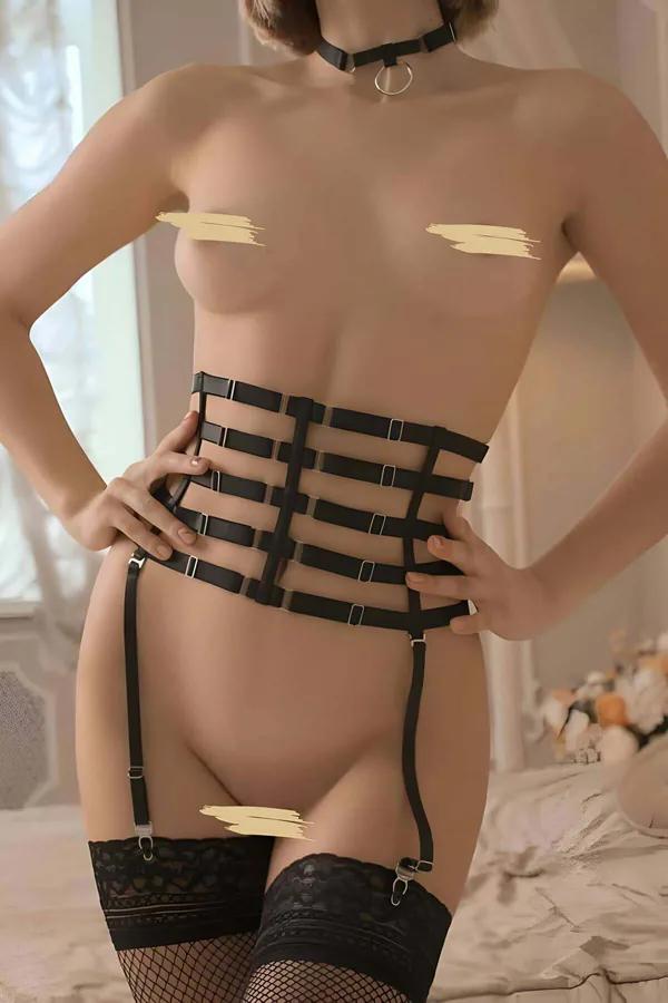 Black elastic cage waist harness with five horizontal strap rows, four garter clips, and silver slider hardware