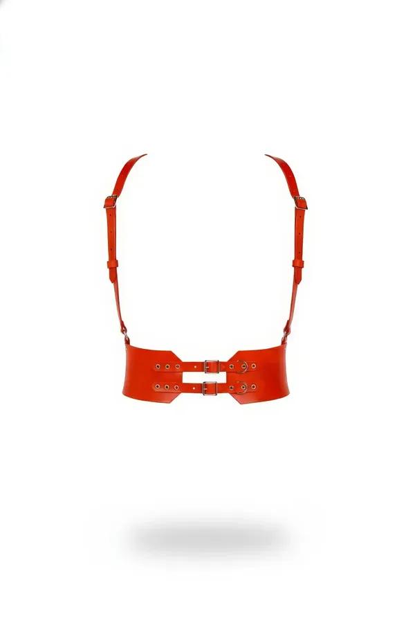 Orange faux leather wide waist body harness with double silver buckles and slim adjustable shoulder straps