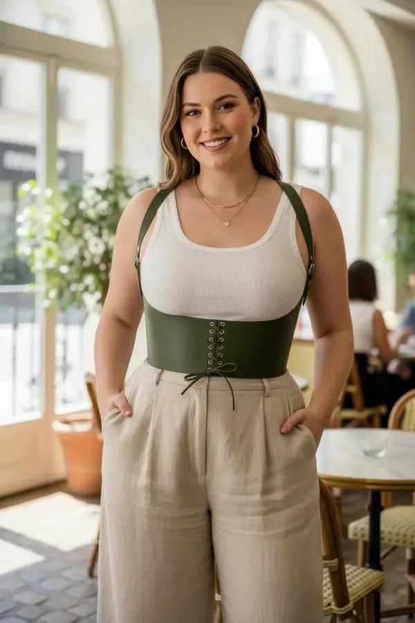 olive green faux leather underbust corset harness with front lace-up closure and gold-tone adjustable shoulder straps
