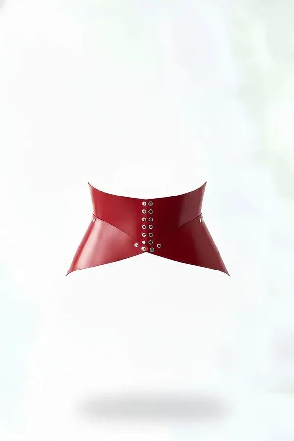 red faux leather underbust corset waist harness with silver eyelets waspie silhouette front view