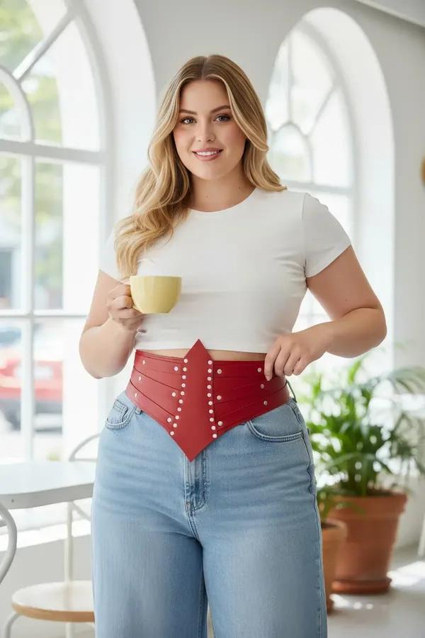 Red studded faux leather waist harness corset belt with pointed V front and silver dome studs worn over white tee and jeans