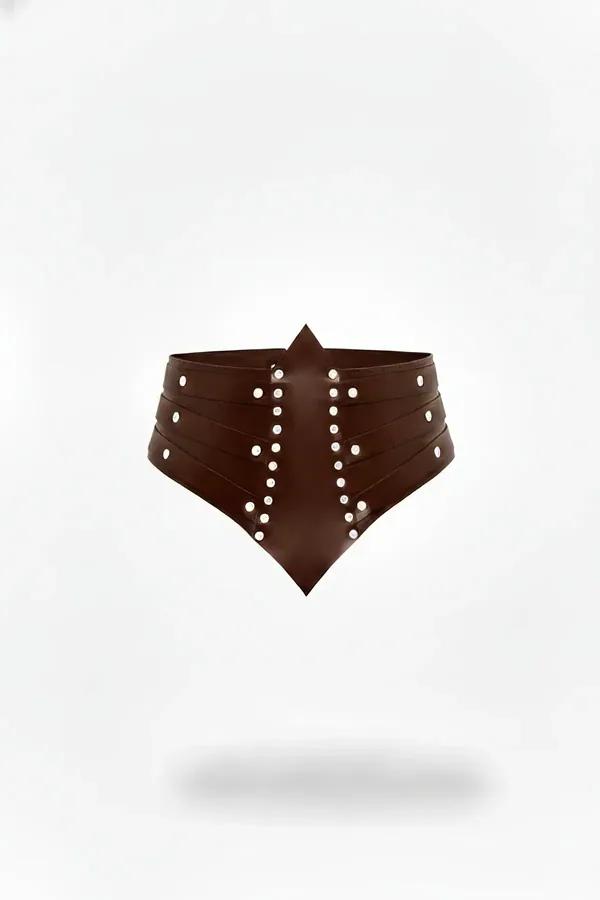 studded waist cinch harness rich brown faux leather with silver dome rivets and chevron-point silhouette