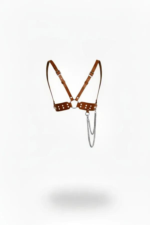 Cognac faux leather studded chest harness with silver O-ring buckles and draped double silver chain
