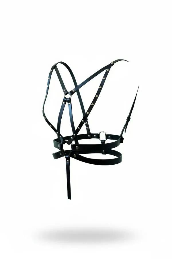 Black faux leather multi-strap body harness with silver dome studs and front O-ring, flat product shot on white background