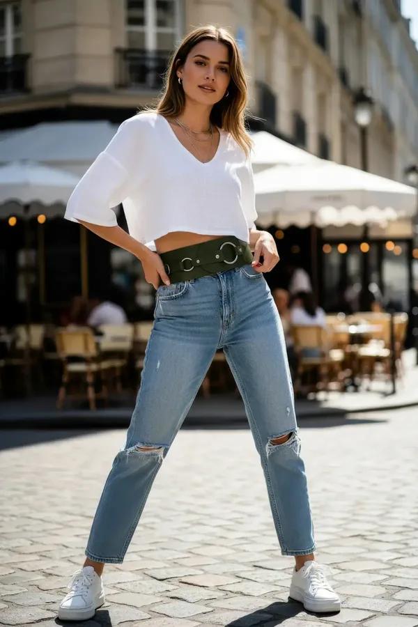 olive faux leather wide waist cinch harness belt with three silver O-rings worn over white camisole and jeans