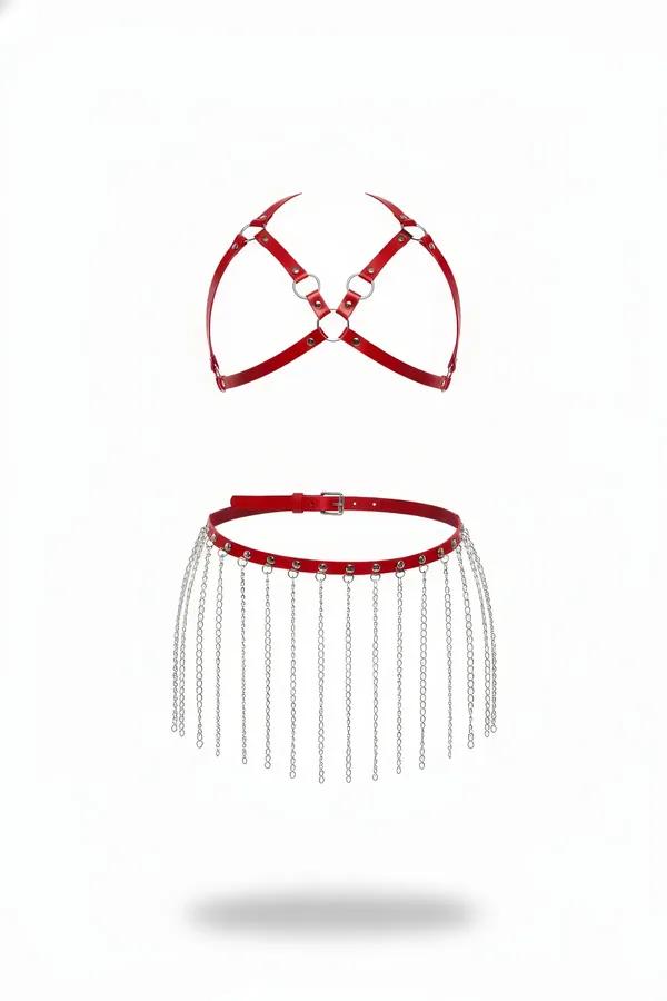 red faux leather chest harness and chain fringe waist belt set with silver O-rings and graduated silver chain strands
